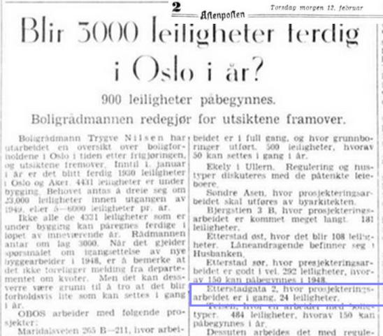 Blir 3000 leiligheter ferdig i Oslo i år? (Aftenposten 12. februar 1948)

"Etterstadgata 2, hvor prosjekteringsarbeidet er i gang. 24 leiligheter."