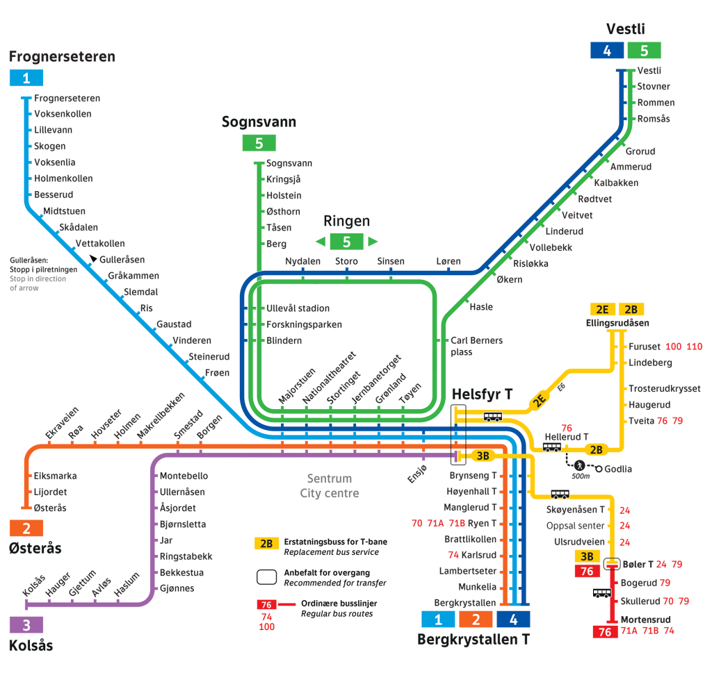Linjekart for T-banen 30. mai til 3. september 2023