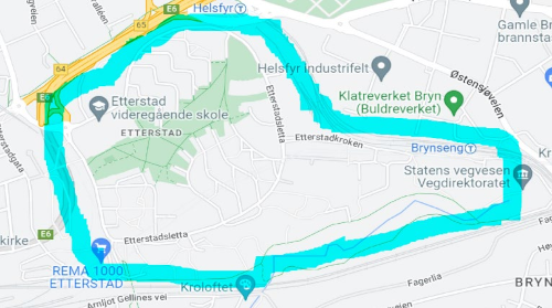 Kart over Etterstad, med området innenfor E6/T-banen/Hovedbanen og Gjøvikbanen uthevet